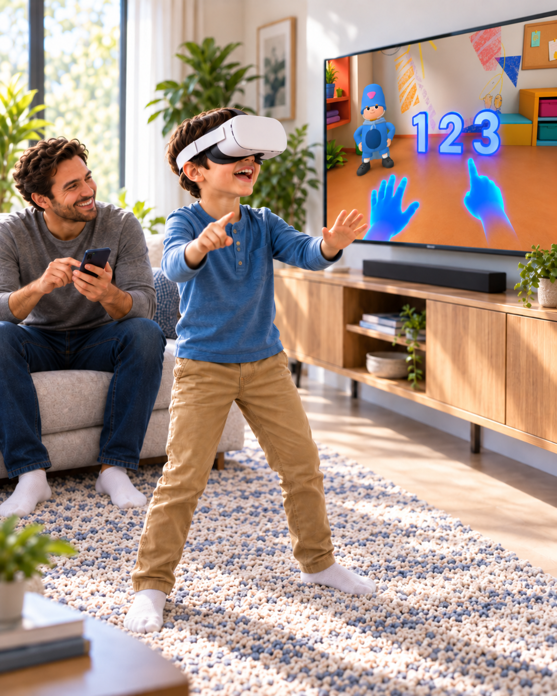 A child using Akiva in virtual reality while his father observes the experience